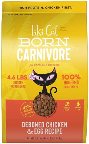 5.3 pd Tiki Cat Born Carnivore Low Carb Grain Free Dry Cat Food - Baked with Fresh Meat - Chicken & Egg Recipe