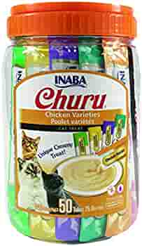 INABA Churu Cat Treats, Grain-Free, Lickable, Squeezable Creamy Purée Cat Treat with Taurine & Vitamin E, 0.5 Ounces Each Tube, 50 Tubes Total