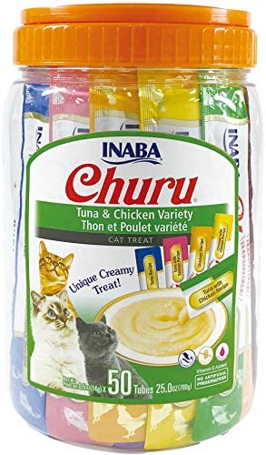 INABA Churu Cat Treats, Grain-Free, Lickable, Squeezable Creamy Purée Cat Treat with Taurine & Vitamin E, 0.5 Ounces Each Tube, 50 Tubes Total