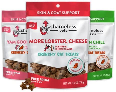 Shameless Pets Cat Treats - Crunchy Treats for Cats with Catnip, Coat, & Digestive Support, Sustainable Upcycled Natural Ingredients & Real Meat, Low Calorie Healthy Feline Food - 3-Pk