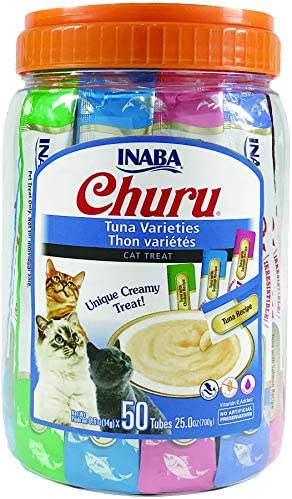 Tuna INABA Churu Cat Treats, Grain-Free, Lickable, Squeezable Creamy Purée Cat Treat with Taurine & Vitamin E, 0.5 Ounces Each Tube, 50 Tubes Total