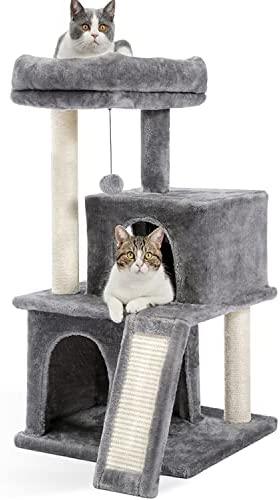 PAWZ Road 34 Inches Cat Tree Multilevel Cat Tower with Double Condos, Spacious Perch, Fully Wrapped Scratching Sisal Post and Replaceable Dangling Balls Gray  (Payment Plan-No Credit Check-No Interest Rate)