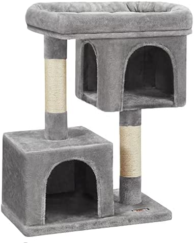 FEANDREA Cat Tree for Large Cats, 22-Inch Widened Perch, Indoor Cat Tower, 2 Plush Condos and Sisal Scratching Posts, 2-Door Cat Cave, Multi-Level Cat House, 33.1-Inch Height, Light Grey UPCT61W