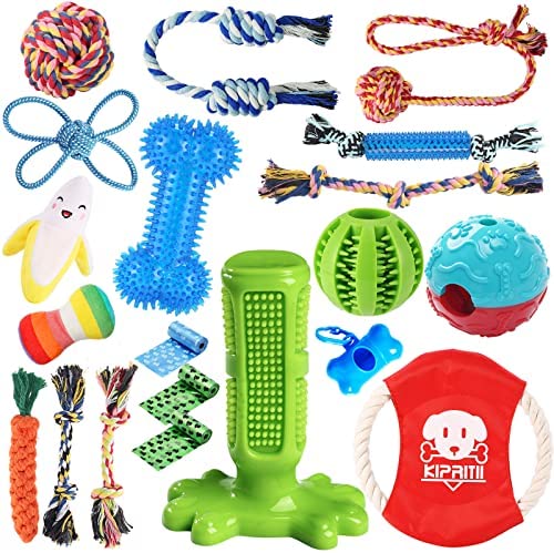 KIPRITII Dog Chew Toys for Puppy - 20 Pack Puppies Teething Chew Toys for Boredom, Pet Dog Chew Toys with Rope Toys, Dog Squeaky Toy for Puppy and Small Dogs