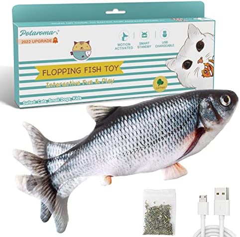 Potaroma Flopping Fish Cat Toy with SilverVine and Catnip, 2022 Upgraded, Moving Fish for Small Dogs, Realistic Wiggle Fish 10.5", Interactive Motion Kitten Kicker Exercise Toy