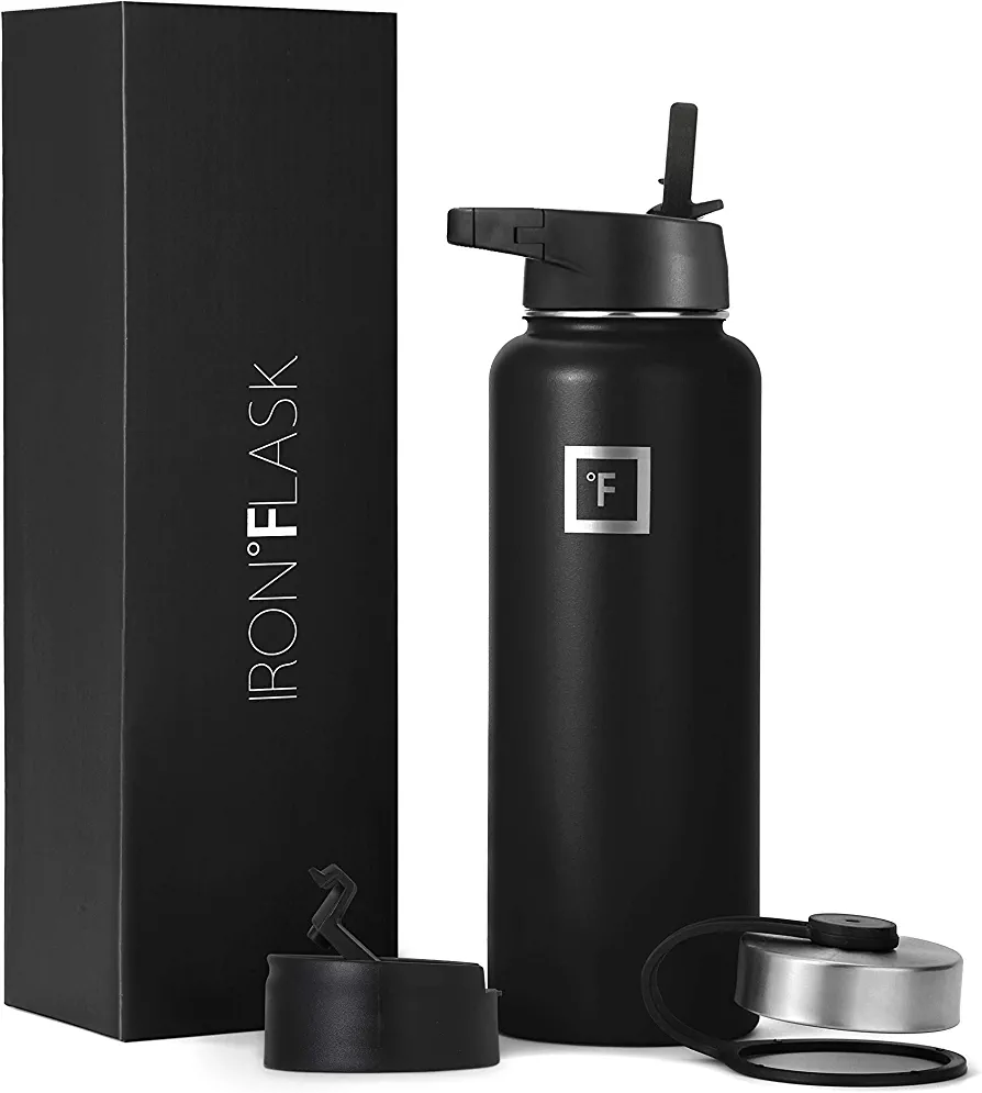 IRON °FLASK Sports Water Bottle - 40 Oz, 3 Lids (Straw Lid), Leak Proof, Vacuum Insulated Stainless Steel, Double Walled, Thermo Mug, Metal Canteen